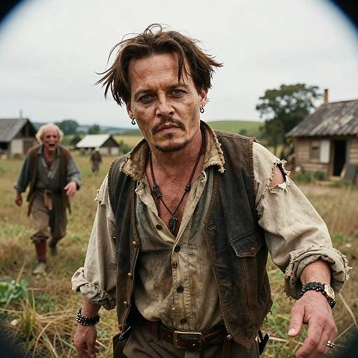 Photograph of a rugged, dirty, middle-aged man with tousled brown hair, wearing tattered clothes, running in a rural, grassy village