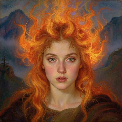 Digital painting of a fair-skinned woman with fiery orange hair, glowing eyes, and mountainous background, evoking a mystical, ethereal vibe.