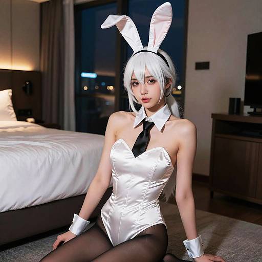 Photograph of an Asian woman with white hair, bunny ears, white satin bunny suit, black tie, and black stockings, sitting on a bedroom floor