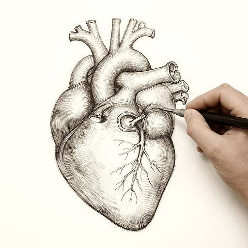 Black-and-white ink drawing of a detailed human heart, being carefully shaded by a hand with a pen on white paper.