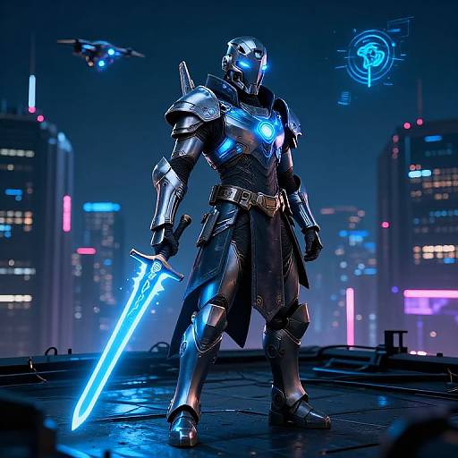 Digital art: Cybernetic knight with glowing blue lights, wielding a blue sword, stands on a futuristic rooftop at night, with neon-lit skys