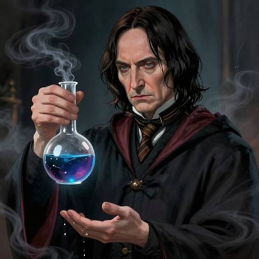 Digital artwork of a serious man with long black hair, wearing a black robe and striped tie, holding a smoking blue glass flask.