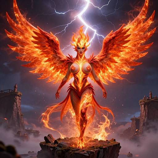 Digital artwork of a fiery, winged, demonic female figure with glowing red-orange flames, large breasts, standing on a rock amidst lightning, ruins in