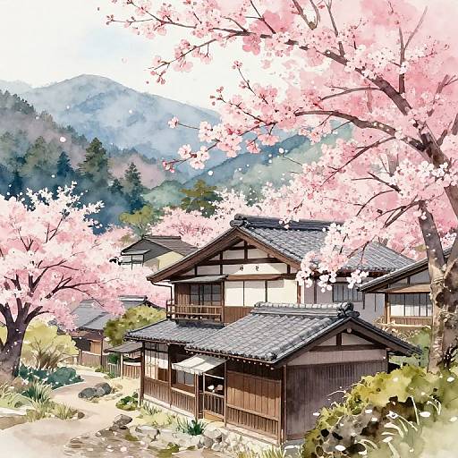 Digital illustration of traditional Japanese house with tiled roofs under blooming pink cherry blossoms, surrounded by greenery and misty mountains.