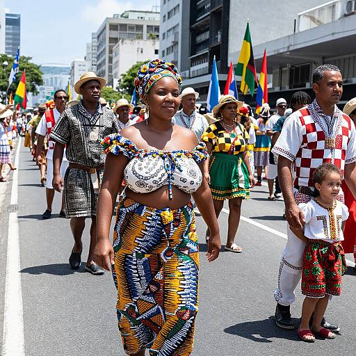 Photograph of a vibrant African cultural parade with diverse participants in colorful, patterned traditional attire, marching down a city street. Bright flags and modern buildings