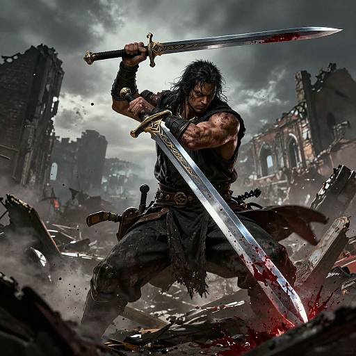 Muscled warrior with long black hair, wielding dual blood-stained swords, stands amidst a ruined, smoke-filled, darkened cityscape. Epic