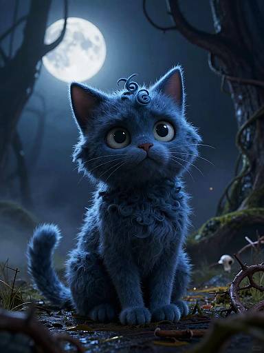 Digital artwork of a blue, fluffy, wide-eyed kitten with a curl on its head, sitting under a full moon in a dark, eerie forest.