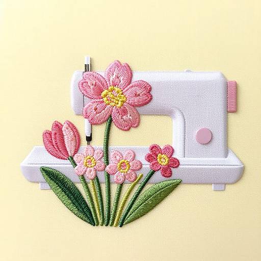 Digital embroidery-style illustration of a white sewing machine with pink flowers and green leaves in front, against a yellow background.