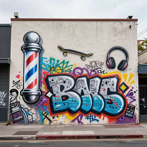 Vibrant graffiti mural on a white wall featuring a barber pole, skateboard, headphones, and bold 