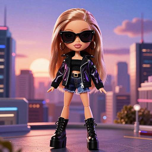 Photorealistic CGI doll with long blonde hair, black sunglasses, black jacket, denim shorts, and platform boots, standing in a sunset-lit city