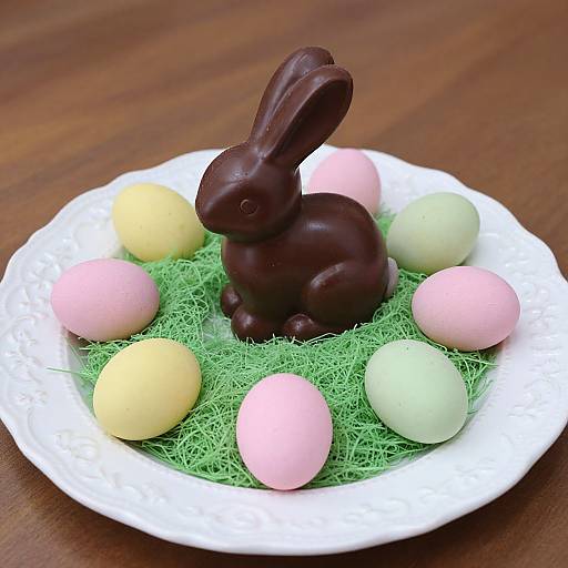 Photograph of a white plate with a dark chocolate bunny, pastel pink and yellow eggs, and green moss, on a wooden table.