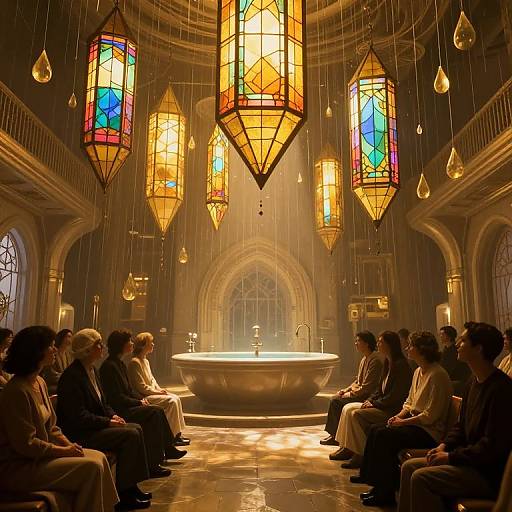 Photograph of a dimly lit, Gothic-style room with colorful stained-glass lanterns, a central illuminated bathtub, and a seated audience.