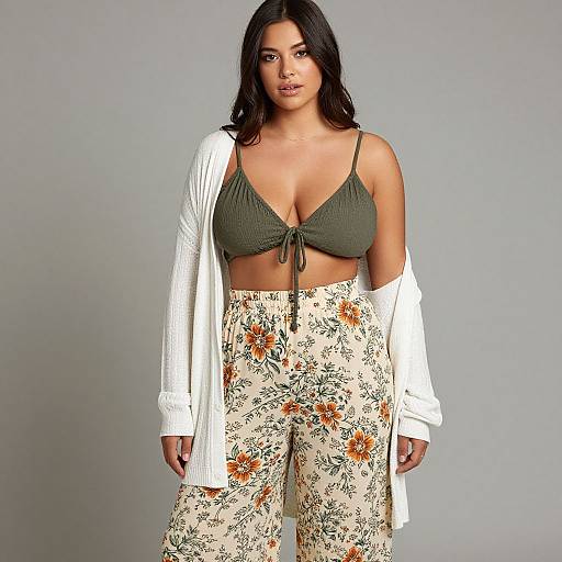 Photograph of a curvy woman with medium brown skin, black wavy hair, wearing a green tied-front crop top, white cardigan, and