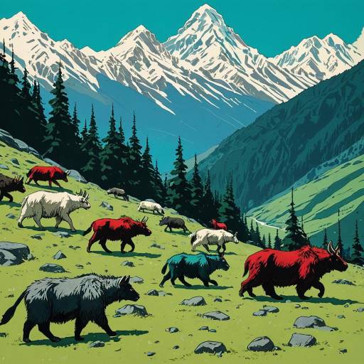 Animated Himalayan Animal Convoy in Alpine Meadow