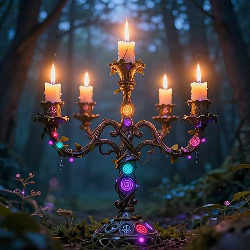 Photograph of a glowing, ornate candelabra with six candles, each surrounded by colorful spiral lights, in a mystical forest at dusk.