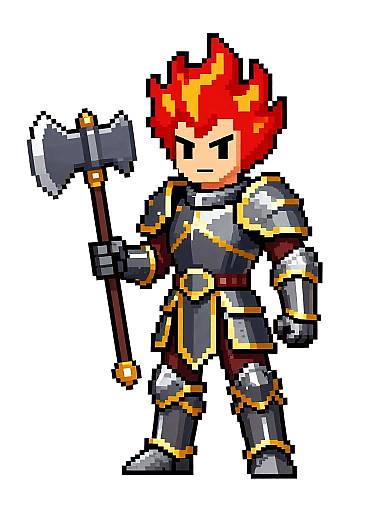 Pixel art of a red-haired, armored warrior with a serious expression, holding a large axe, standing against a gray background.