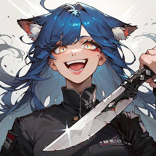 Blue-Haired Cat Girl with Knife