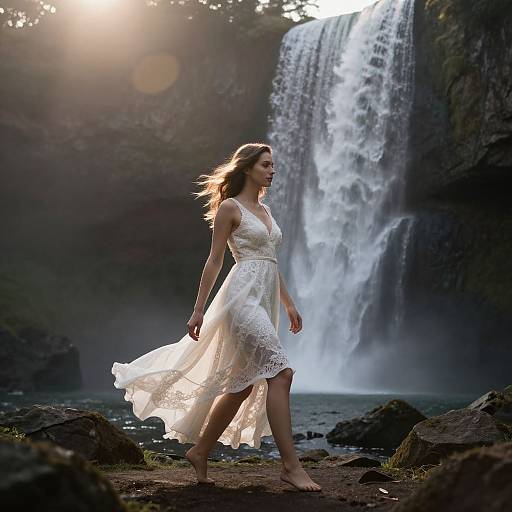 Photograph of a blonde woman in a flowing white lace dress walking barefoot by a misty waterfall, sunlight filtering through trees.