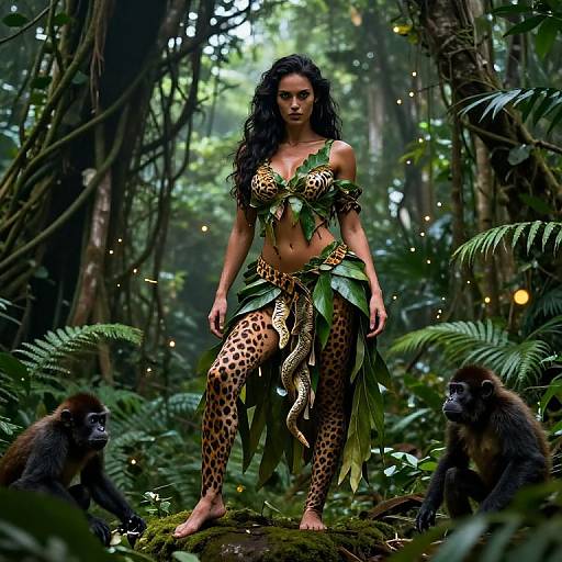 Photorealistic CGI of a fierce, dark-haired woman in leopard-print jungle attire with leaf accessories, standing on mossy forest ground, flanked by