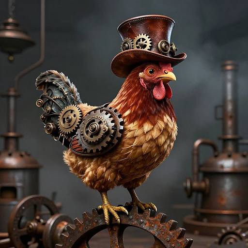 Steampunk rooster with gears on wings and a top hat, standing on cogs, in a dark industrial background. Digital art.