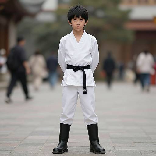 Photograph of an Asian boy in a white karate gi with black belt, black boots, standing in an urban street with blurred pedestrians.