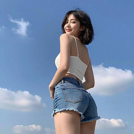 Photograph of an Asian woman with short black hair, wearing a white crop top and frayed denim shorts, smiling at the camera against a bright blue