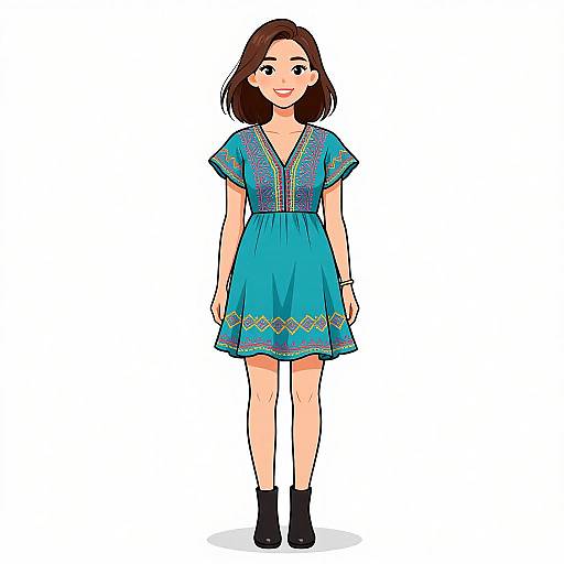 Digital illustration of a smiling young woman with medium-length brown hair, wearing a blue dress with yellow and green patterns, short sleeves, and black ankle boots