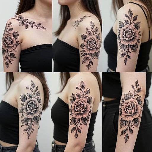 Photograph of a woman's tattooed upper arm featuring detailed black and gray roses with leaves, wearing a black tank top, shown from multiple angles.
