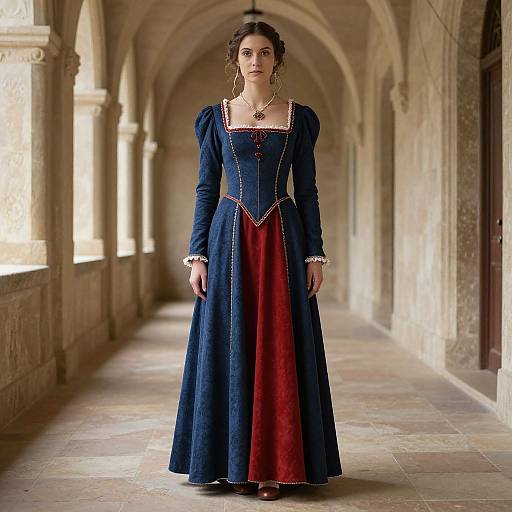 Photograph of a young woman in a medieval-style navy blue and red gown with puffed sleeves, standing in a stone corridor.