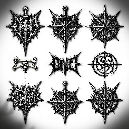 Black and white digital illustration of nine spiked, gothic-style symbols including crosses, bones, and pentagrams, arranged in a grid.