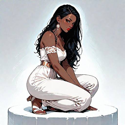 Elegant Dark-Skinned Woman in White Outfit