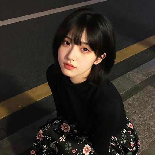Photograph of an East Asian woman with short black hair, fair skin, and floral skirt, sitting on a dark, paved street at night, wearing