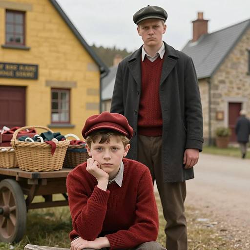 Vintage Village Scene with Two Boys