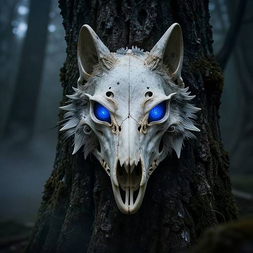 Digital artwork of a skeletal wolf head with glowing blue eyes, set against a dark, misty forest background. The wolf's skull is white, with