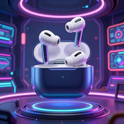 Digital CGI of glowing neon-lit futuristic room with a dark blue bowl holding four white AirPods, illuminated by blue and pink lights.