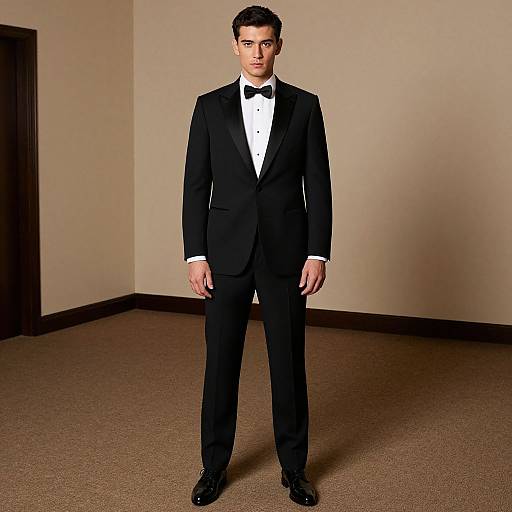 Photograph of a handsome man with short dark hair, wearing a black tuxedo, white shirt, black bow tie, standing in a beige-w
