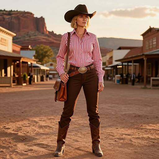 Confident Female Cowboy in Western Town
