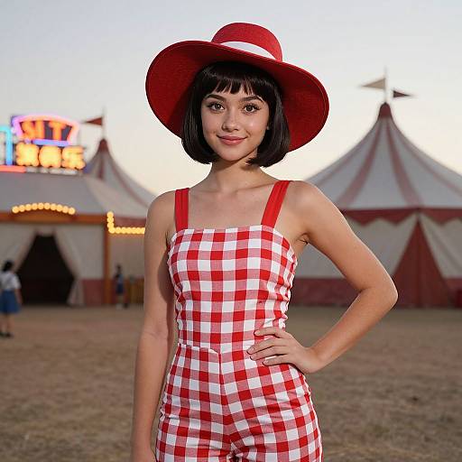 Young Asian woman with short black hair, red hat, and red-white checkered dress, smiling confidently at a circus fairground.