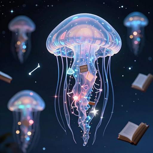 Photograph of glowing jellyfish with colorful lights and star-like sparkles, floating in a dark, starry ocean, surrounded by open books.