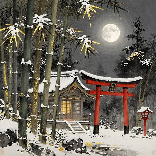 Nocturnal Japanese Ink Winter Scene