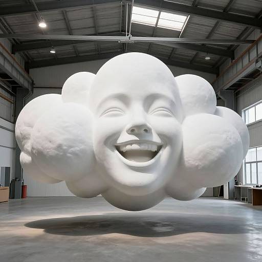 Photograph of a large, white, sculpted cloud with a joyful, smiling face, hanging in an industrial warehouse with high ceilings and natural light.