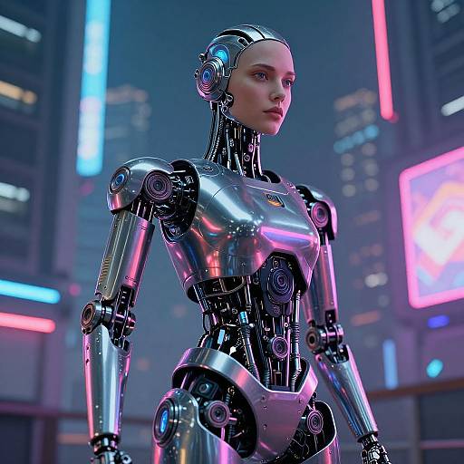 CGI image of a sleek, silver, humanoid robot with pink and blue neon lights in a futuristic cityscape. The robot has a feminine face,