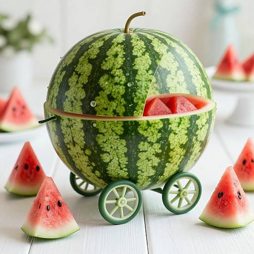 Photograph of a watermelon-shaped baby carriage with green wheels, containing sliced watermelon, surrounded by whole watermelon slices on a white surface.