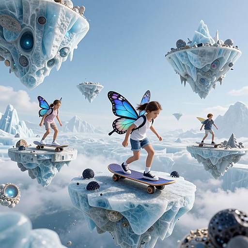Digital artwork of three children with blue butterfly wings skateboarding on floating ice islands, surrounded by futuristic, cloud-like spaceships in a bright, blue sky