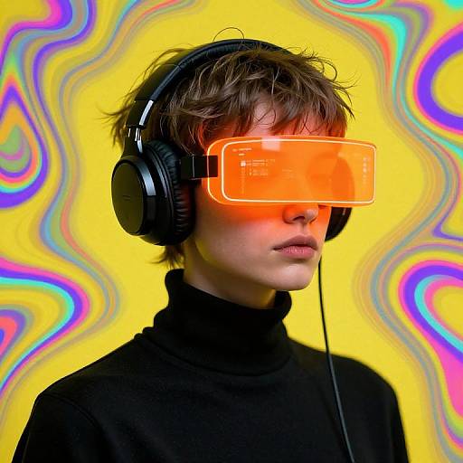 Photograph of a young person with brown hair wearing a black turtleneck and black headphones, with an orange virtual reality visor, set against a