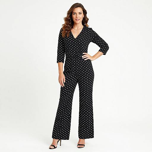 Photograph of a confident woman with wavy brown hair, wearing a black polka dot jumpsuit and black high heels, standing against a white background