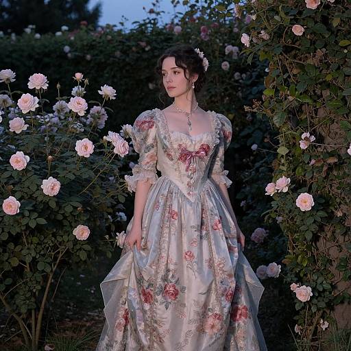 Photograph of a fair-skinned woman with dark hair in an elegant, floral-patterned, Victorian-style gown, standing among blooming roses at dusk