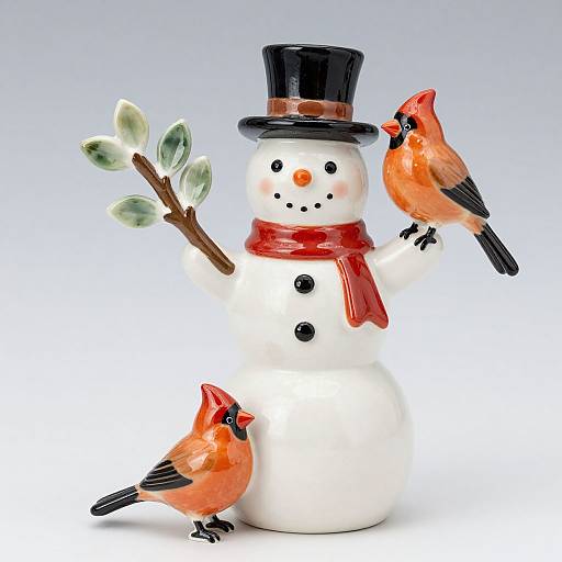 Photograph of a ceramic snowman with black top hat, red scarf, black buttons, carrot nose, and three vibrant red cardinals.