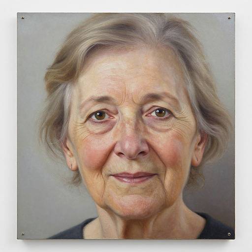 Photograph of an elderly woman with short, wavy gray hair, light skin, gentle smile, and subtle wrinkles, wearing a black shirt against a