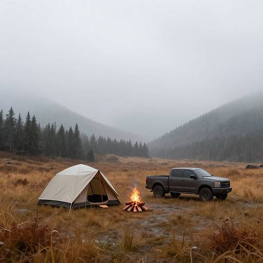 Photograph of a camping scene: beige tent, black pickup truck, campfire, foggy mountains, forest, grassy field, overcast sky
